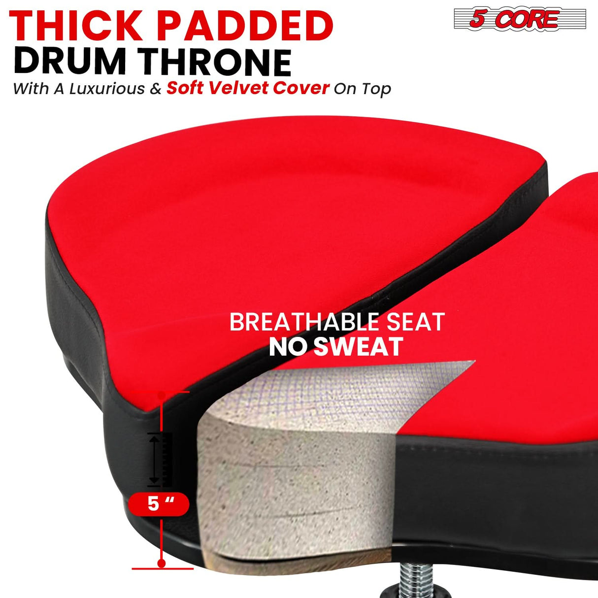 5 Core Drum Throne 5" Padded Split Spine Support 4 Legged 441Lb Capacity Stool w Backrest