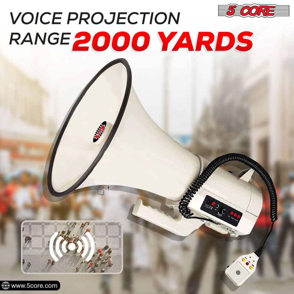 5Core Megaphone Bullhorn Speaker 100W Professional Bull Horn Battery Power Megafono 2000Yard Range