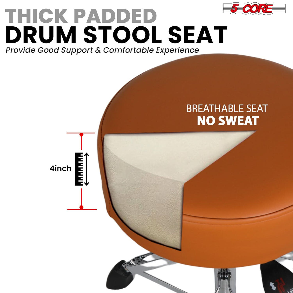 5 Core Drum Throne w Backrest 4" Padded Stool Airlift Adjustable 25.5" Drummer Chair 441Lb Capacity