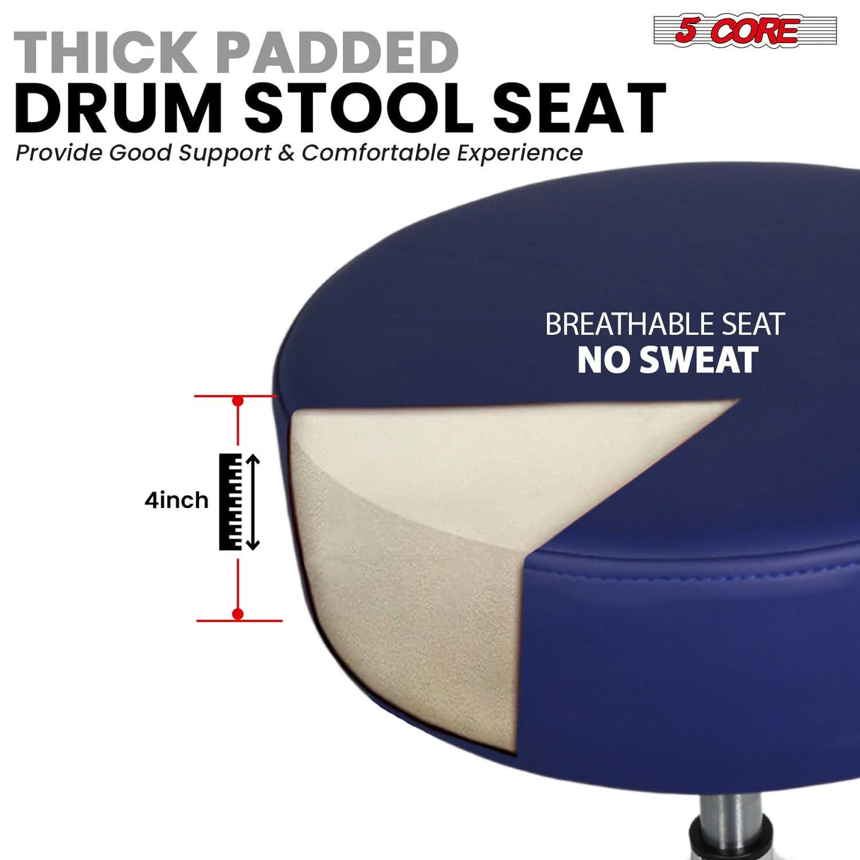 5 Core Drum Throne w Backrest 4" Padded Stool Airlift Adjustable 25.5" Drummer Chair 441Lb Capacity