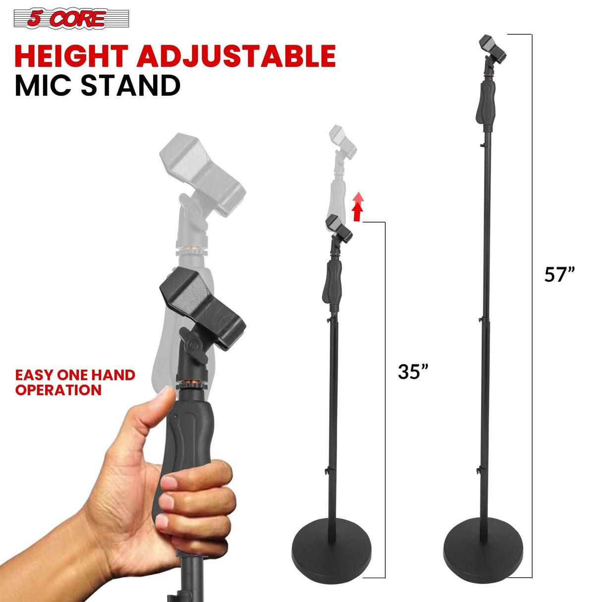 5Core Universal Microphone Stand 2Pcs Height Adjustable 35 to 57" Round Base Floor Mic Holder Metal Build