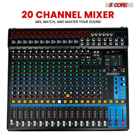 5 Core Audio Mixer 20 Channel DJ Soundboard USB Interface Bluetooth Mixing Console w 24 SPX Effect