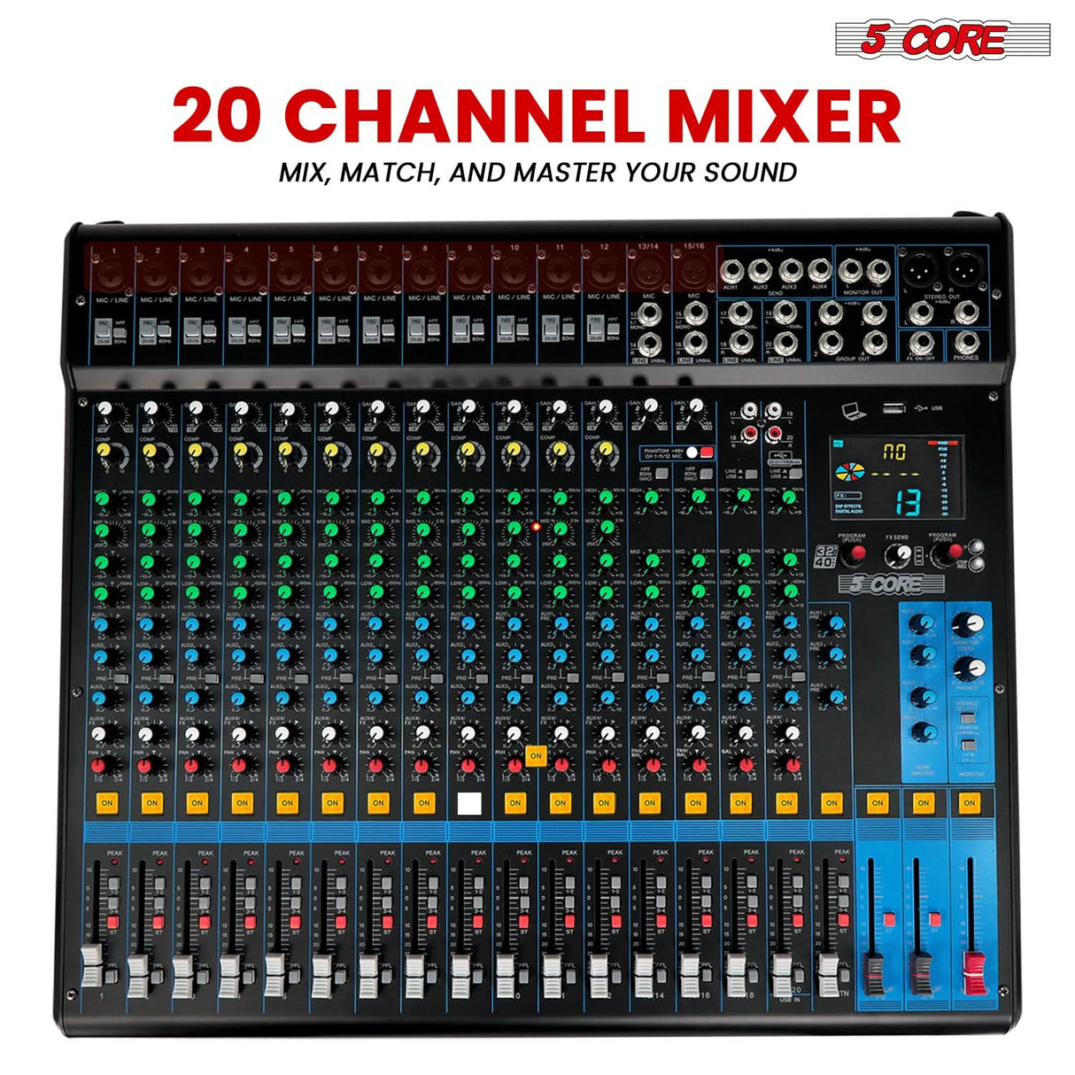 5 Core Audio Mixer 20 Channel DJ Soundboard USB Interface Bluetooth Mixing Console w 24 SPX Effect