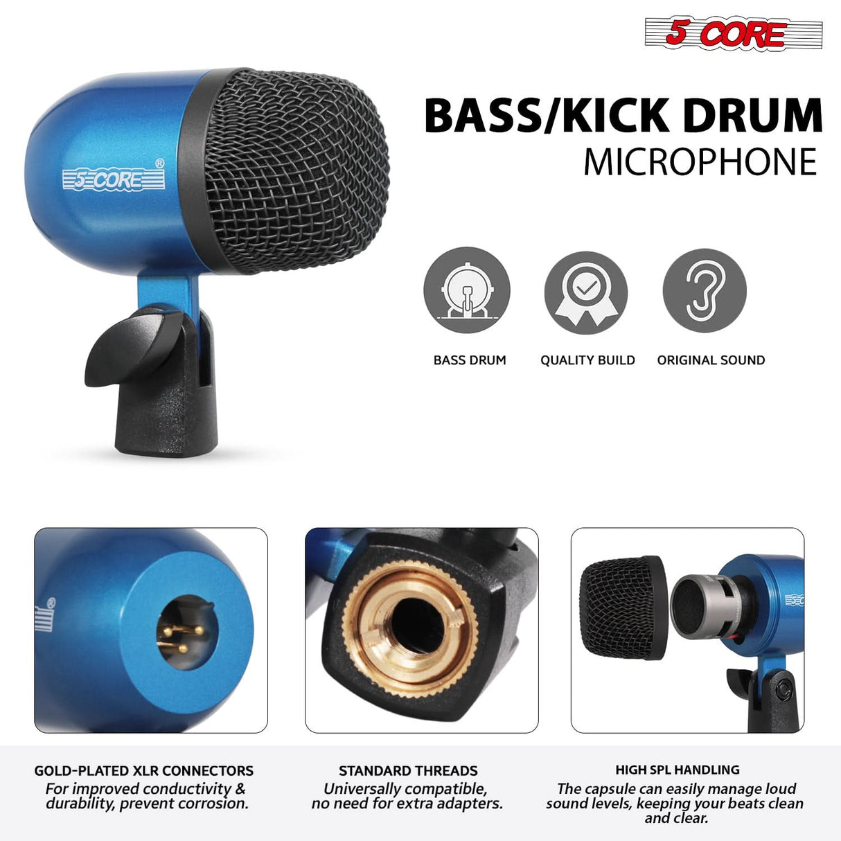 5 Core Drum Microphone Kit 9Pc All Metal Drummer Mics Tom/Snare & Cymbals Wired Instrument Drums Set