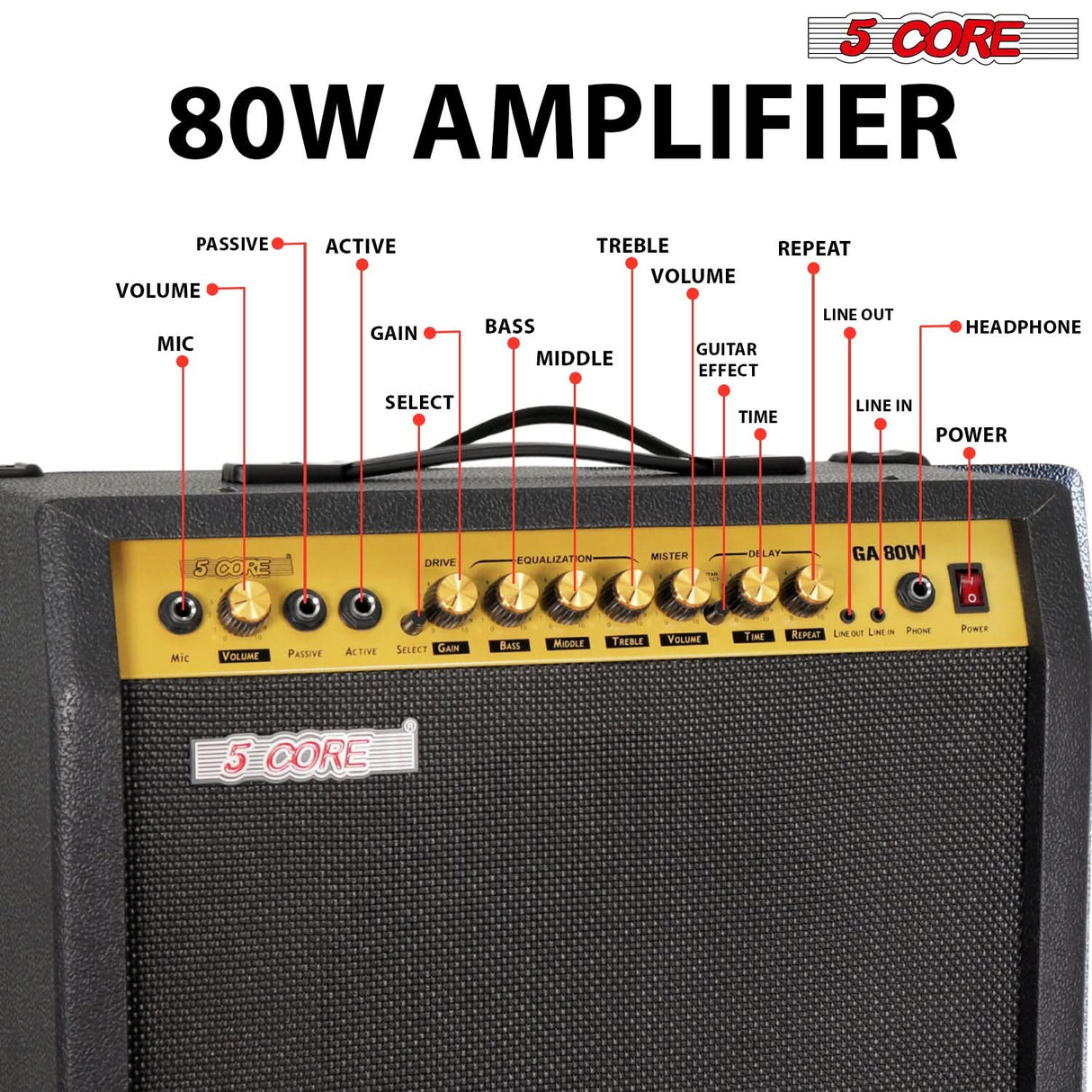 5 Core Guitar Amplifier 80 Watt Electric Amp w Built in 10" Speaker Portable Mini Practice Amps