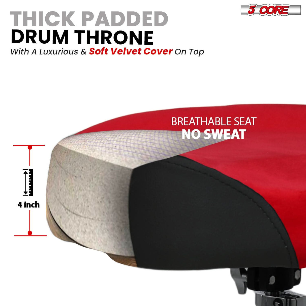 5 Core Drum Throne w Backrest 4" Padded Adjustable 26.5" Drummer Stool w Velvet Top 441Lb Capacity