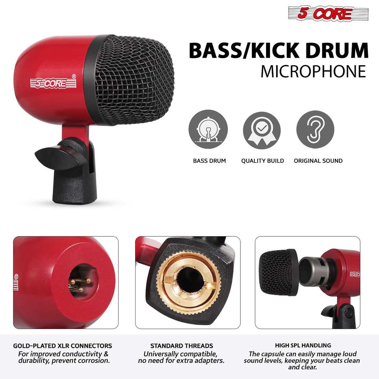 5 Core Drum Microphone Kit 9Pc All Metal Drummer Mics Tom/Snare & Cymbals Wired Instrument Drums Set