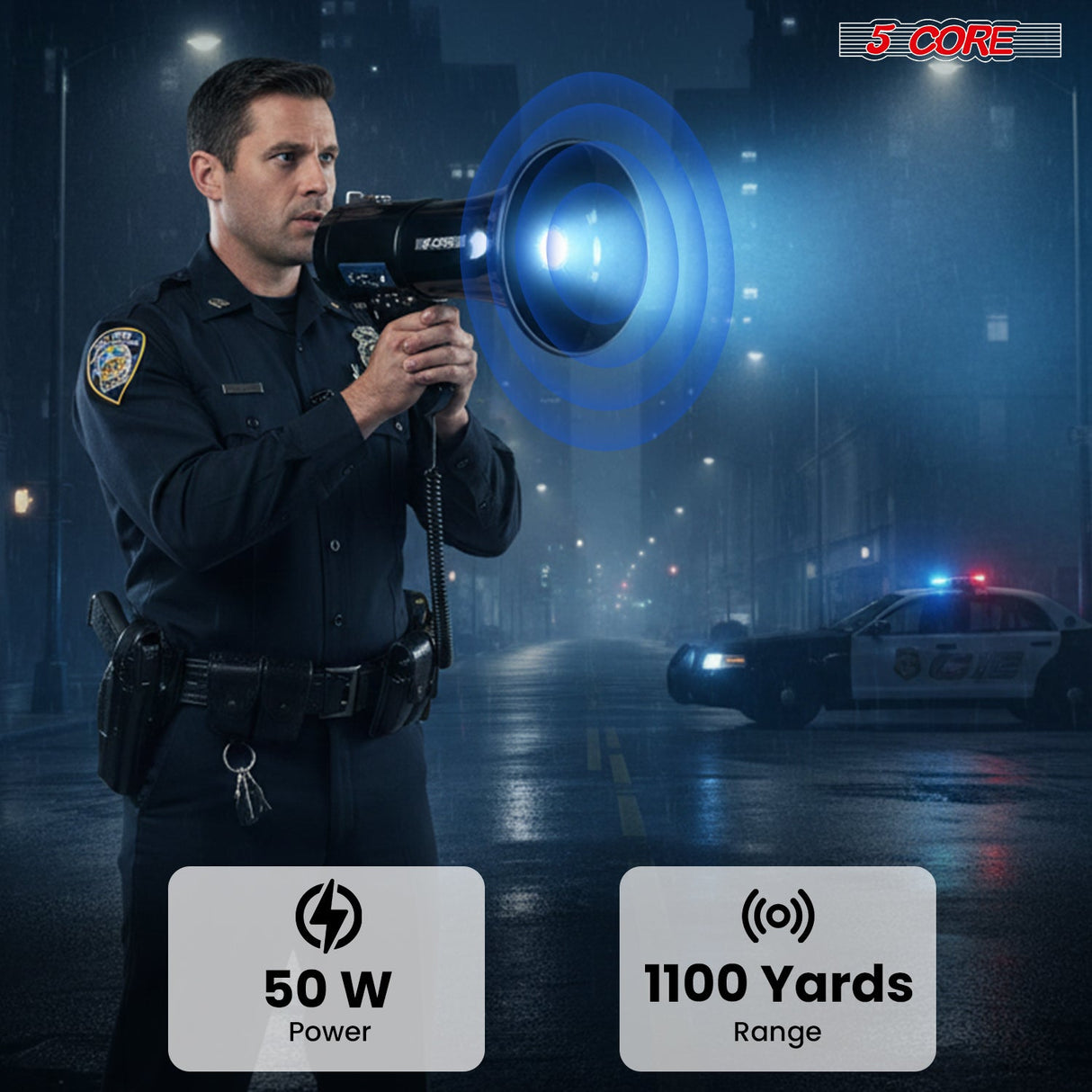 5 Core Megaphone 50W Bluetooth Rechargeable Bullhorn 1100 Yards Loud Siren w LED/USB/SD/AUX