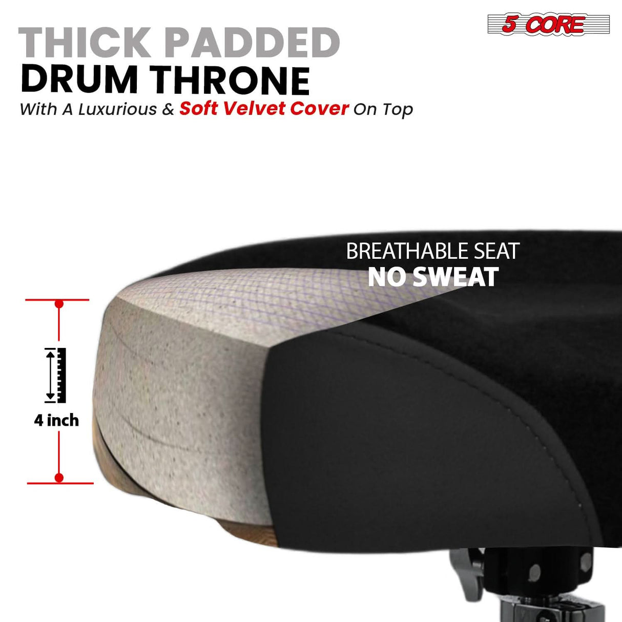 5 Core Drum Throne w Backrest 4" Padded Adjustable 26.5" Drummer Chair w Velvet Top 441Lb Capacity