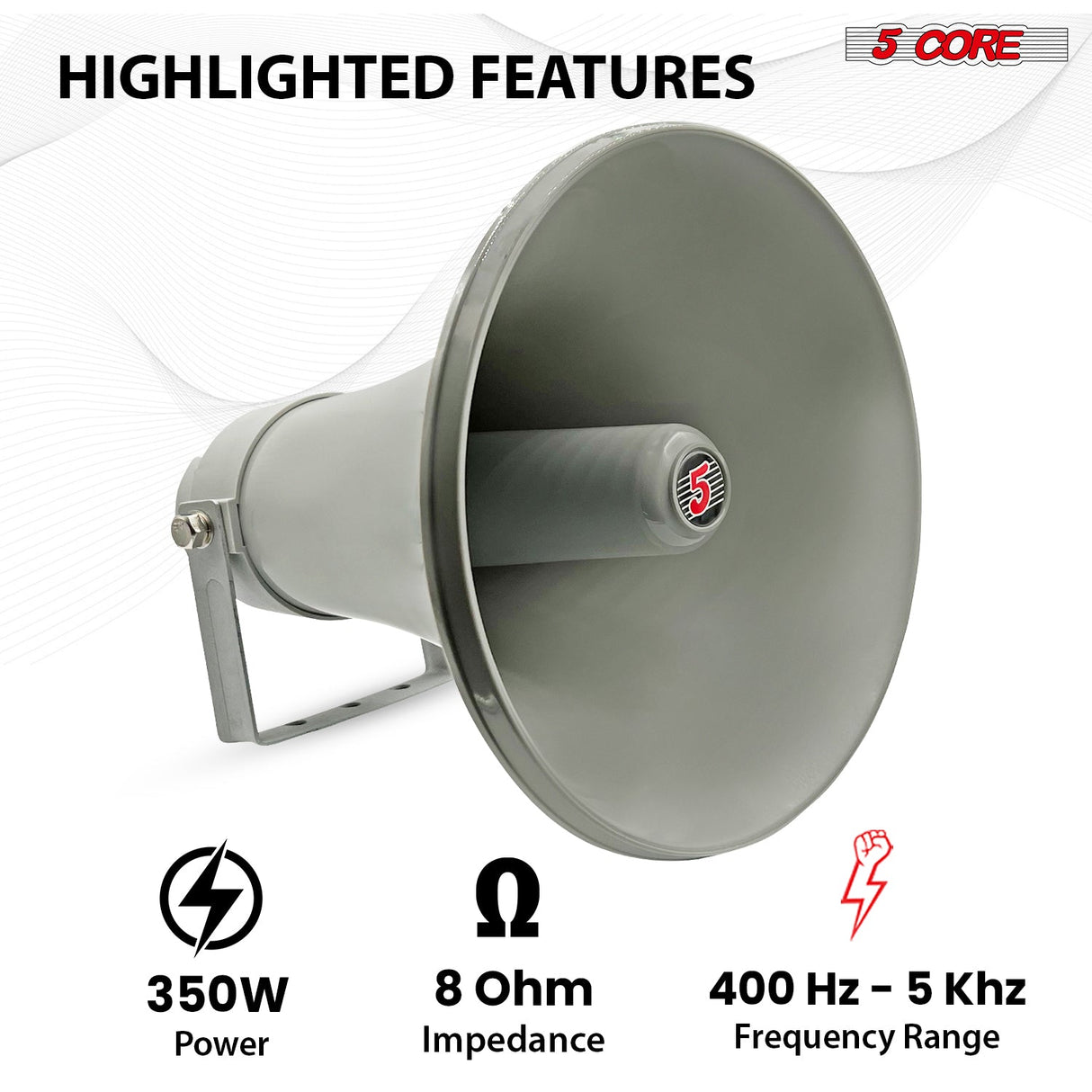 5 Core 12 Inch PA Horn 350W Loud Speaker Bull Horn Loud Audio 8Ohm All Weather Indoor Outdoor Use