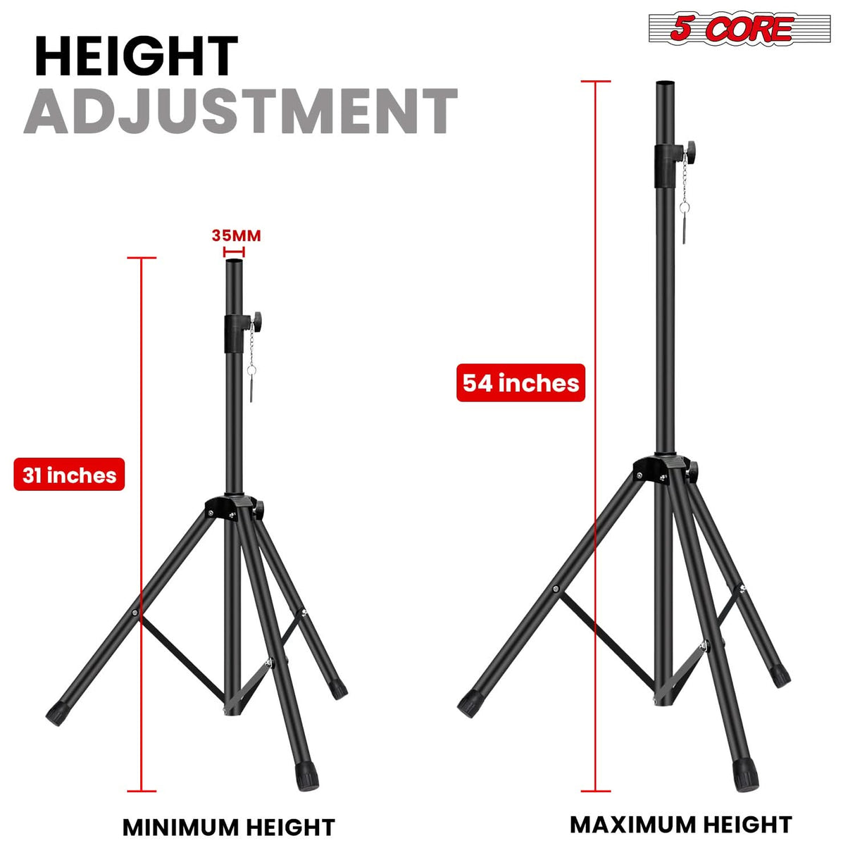 5 Core Speaker Stand Adjustable 31 to 54" PA DJ Tripod Stands Heavy Duty w 35mm Insert 132 Lbs