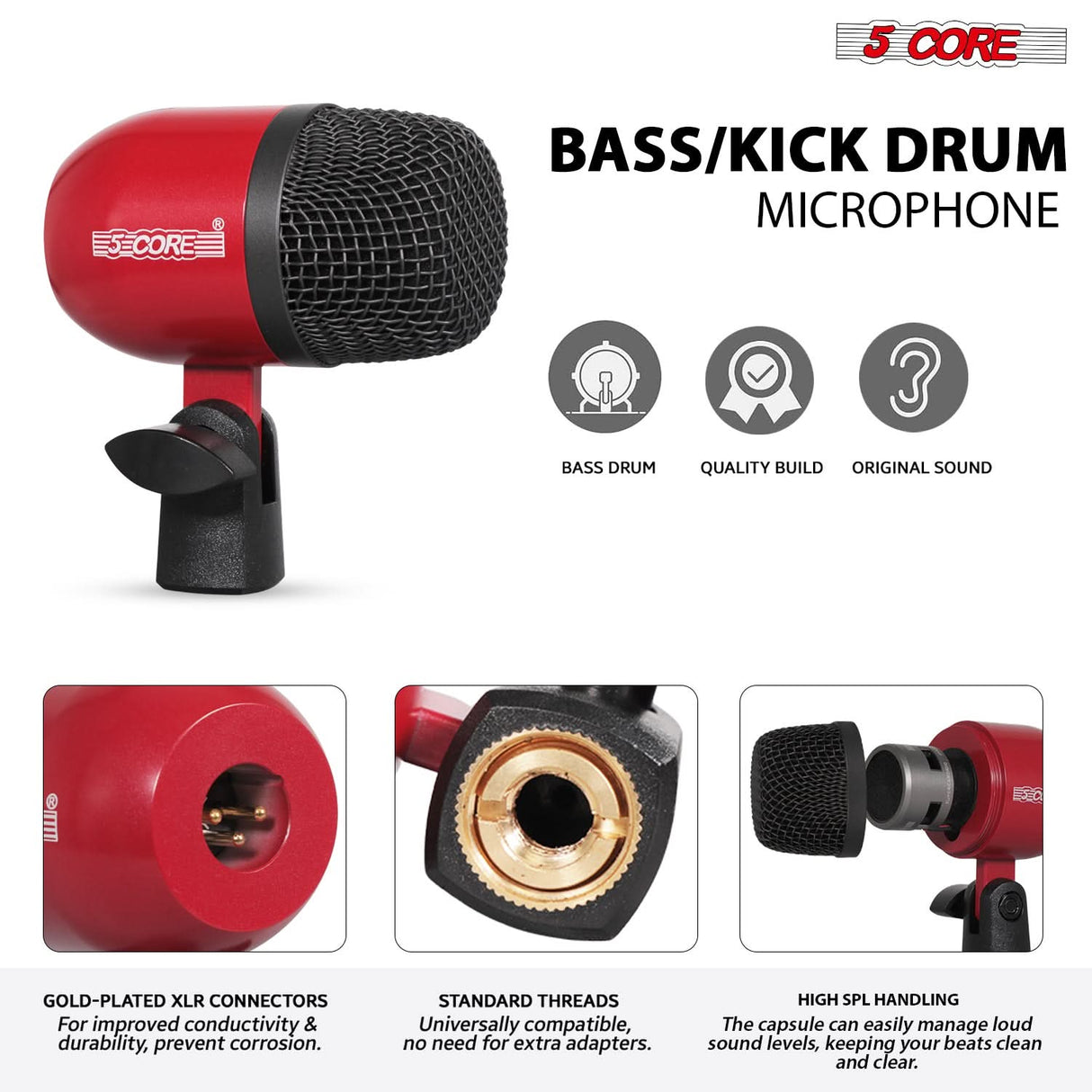 5 Core Drum Microphone Kit 7 Piece All Metal Drummer Instrument Mics Tom/Snare & Cymbals Set