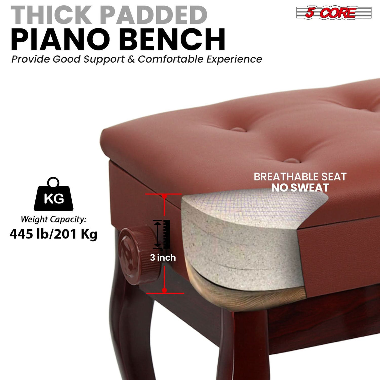 5 Core Piano Bench 3" Padded Cushioned Stool Wooden Heavy Duty Adjustable Musician Chair w Storage