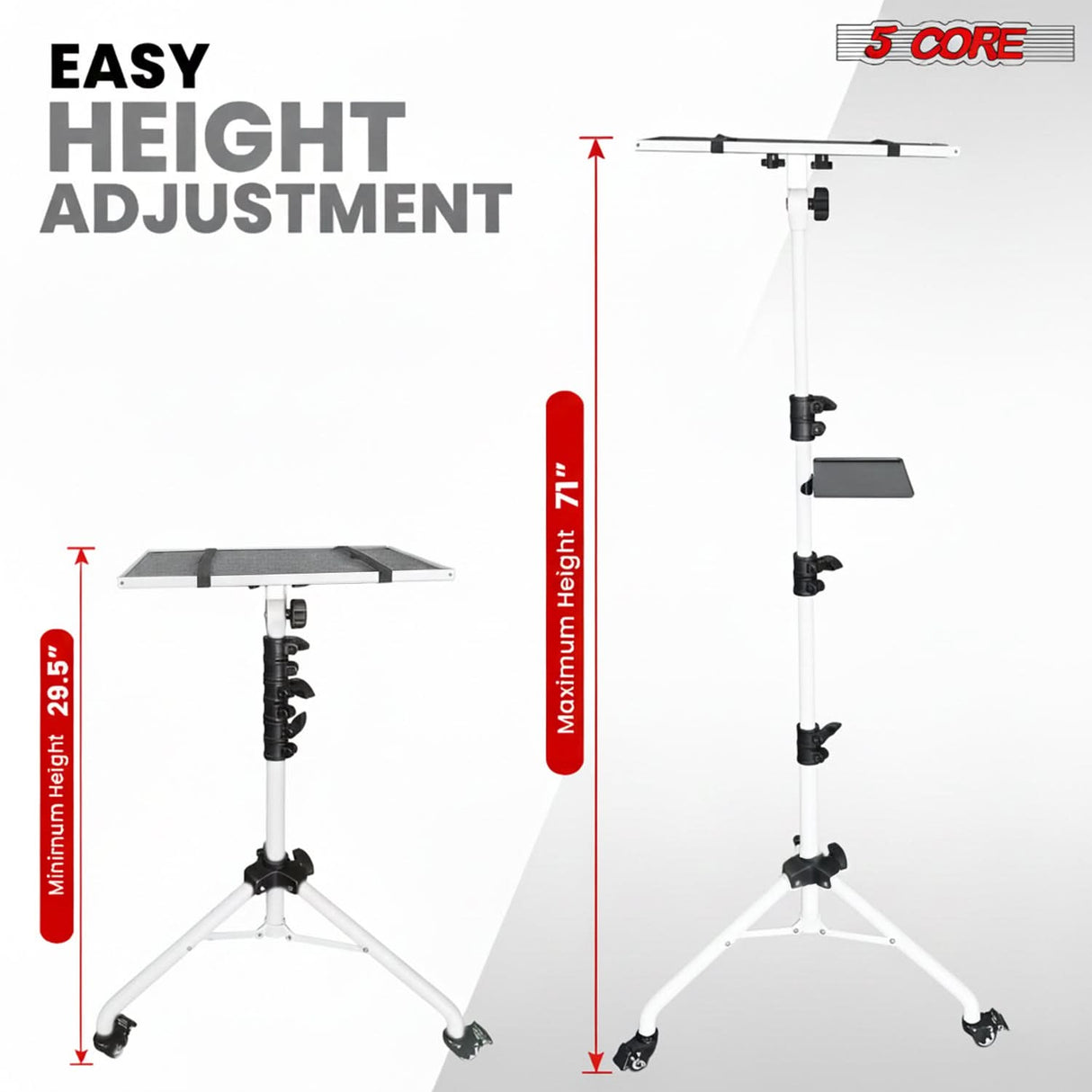 Projector Stand 29.5 to 71 Inch Adjustable Tripod 2 Shelves Portable Laptop Cart w Phone Holder
