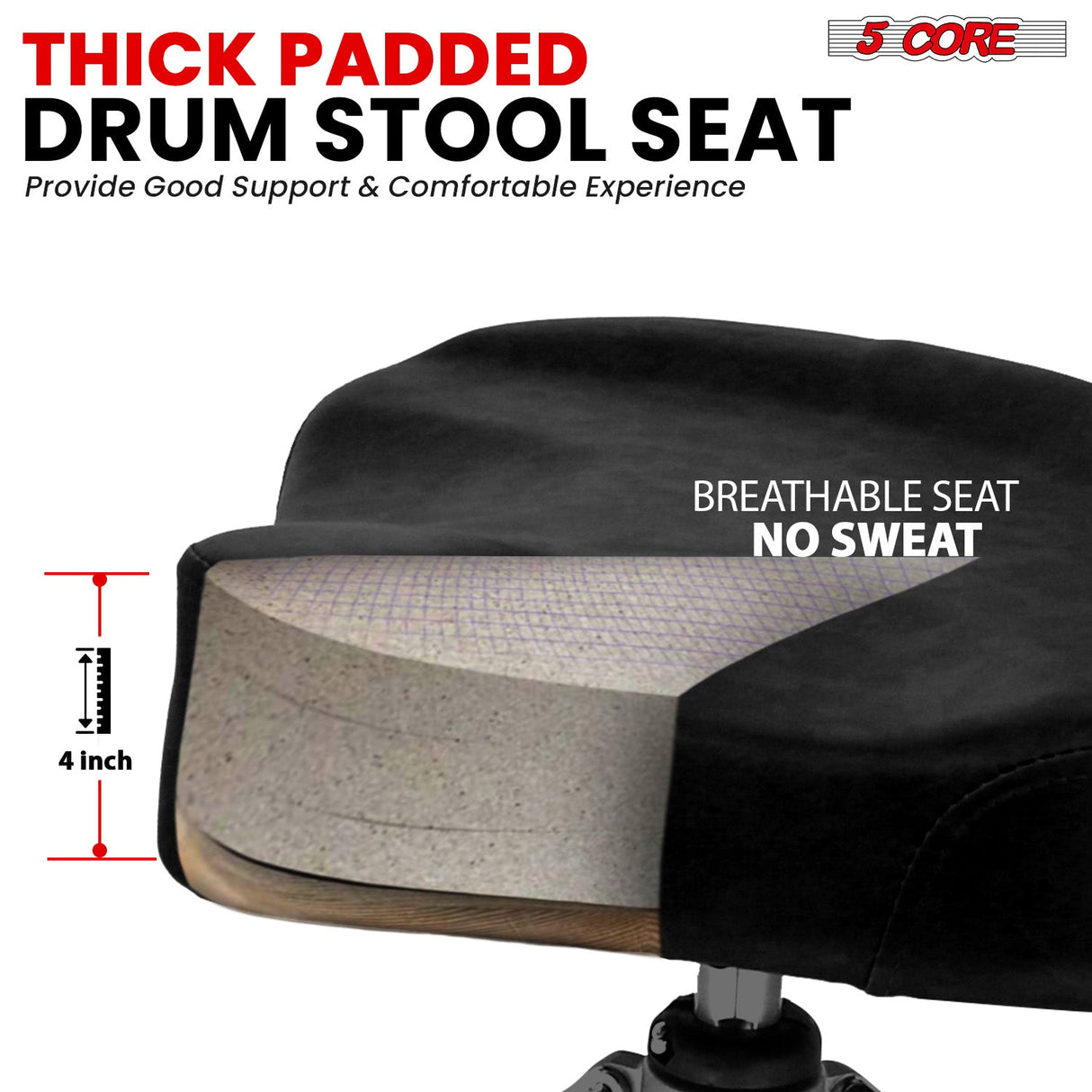 5Core Drum Throne 4" Cushion Padded Stool w Backrest Airlift Height Adjustable Chair w 441Lb Capcity