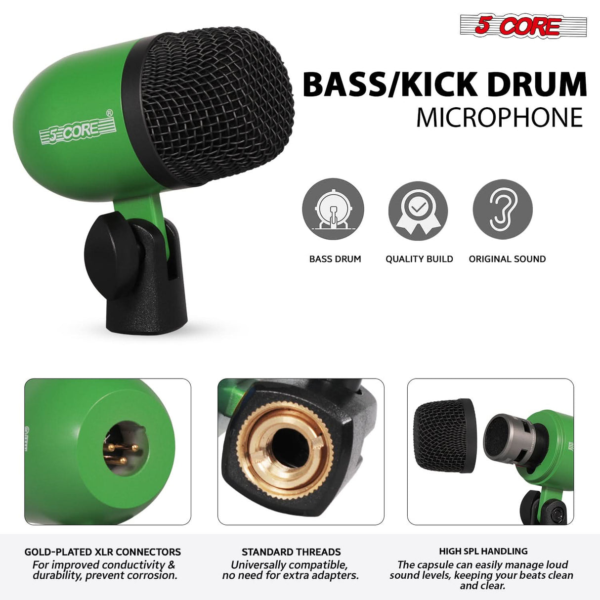 5 Core Drum Microphone Kit 9Pc All Metal Drummer Mics Tom/Snare & Cymbals Wired Instrument Drums Set