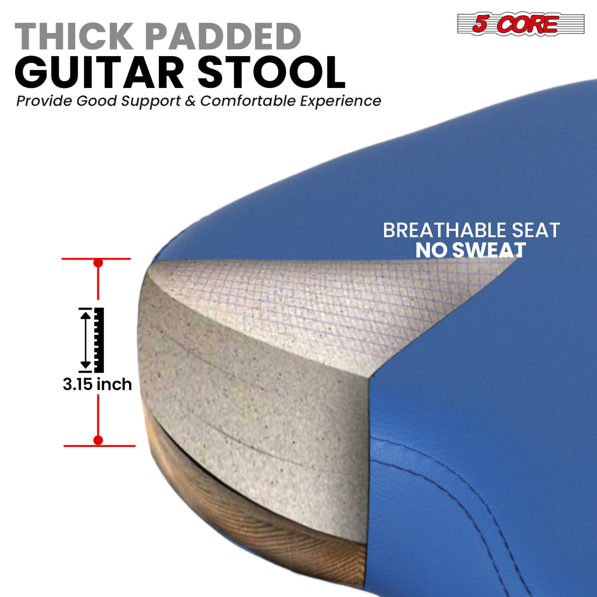 5 Core Guitar Stool w Backrest 3.15" Padded Chair Foldable Music Seat Built in Foot Rest Guitar Stand