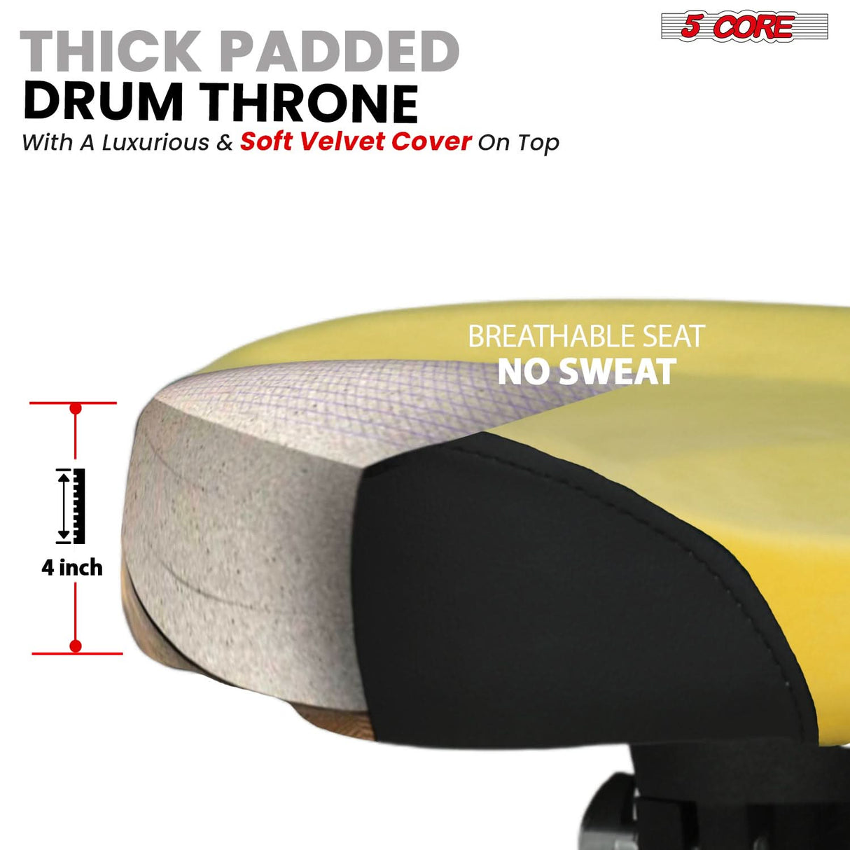 5 Core Drum Throne w Backrest 4" Padded Stool Airlift 25" Adjustable Drummer Stool 441Lb Capacity