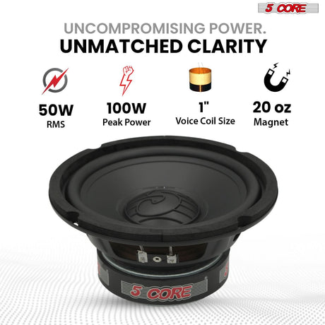 5 Core 6.5 Inch Woofer Pair 100W Car Subwoofer 4Ohm Replacement Deep Sub w Poly Cone