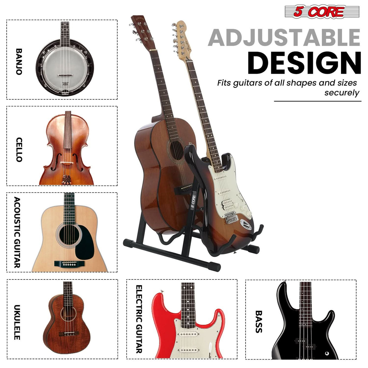 5 Core Double Guitar Stand A Frame Shape w Foam Arms Supports Acoustic Electric Bass Ukulele Banjo