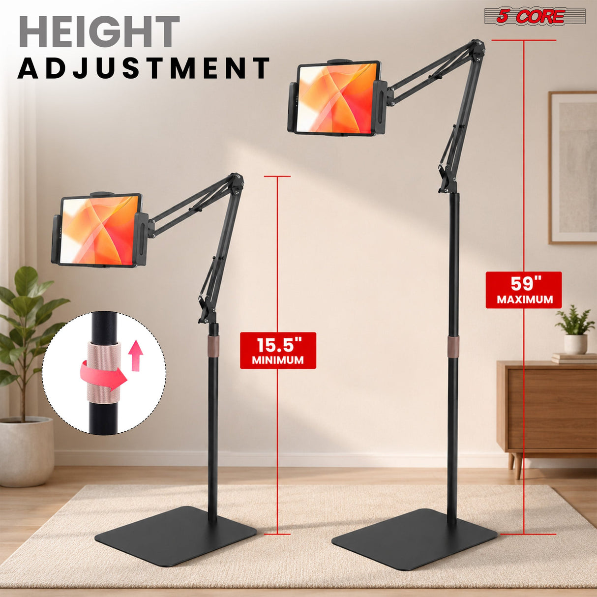 5 Core Tablet Floor Stand 360° Rotatable Adjustable Overhead Universal Bed Phone iPad Stand