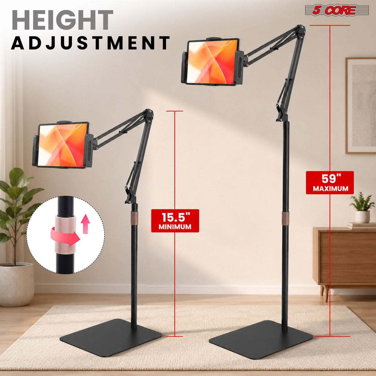 5 Core Tablet Floor Stand 360° Rotatable Adjustable Overhead Universal Bed Phone iPad Stand
