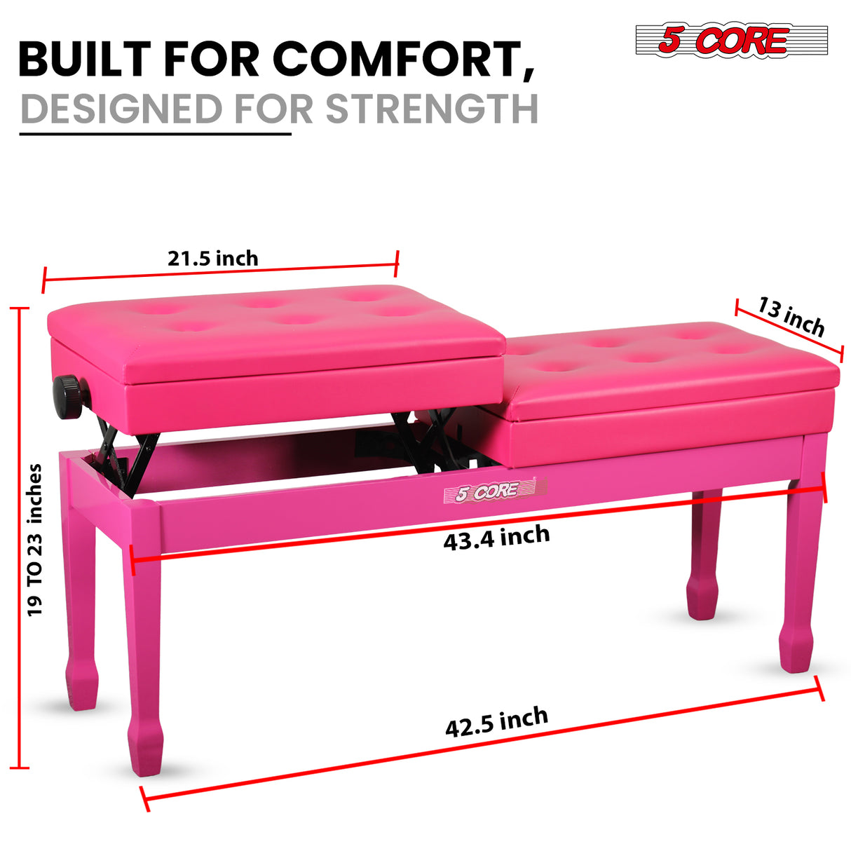 5 Core Duet Piano Bench 3.5 Inch Padded Cushioned Stool Wooden Heavy Duty Musician Chair w Storage