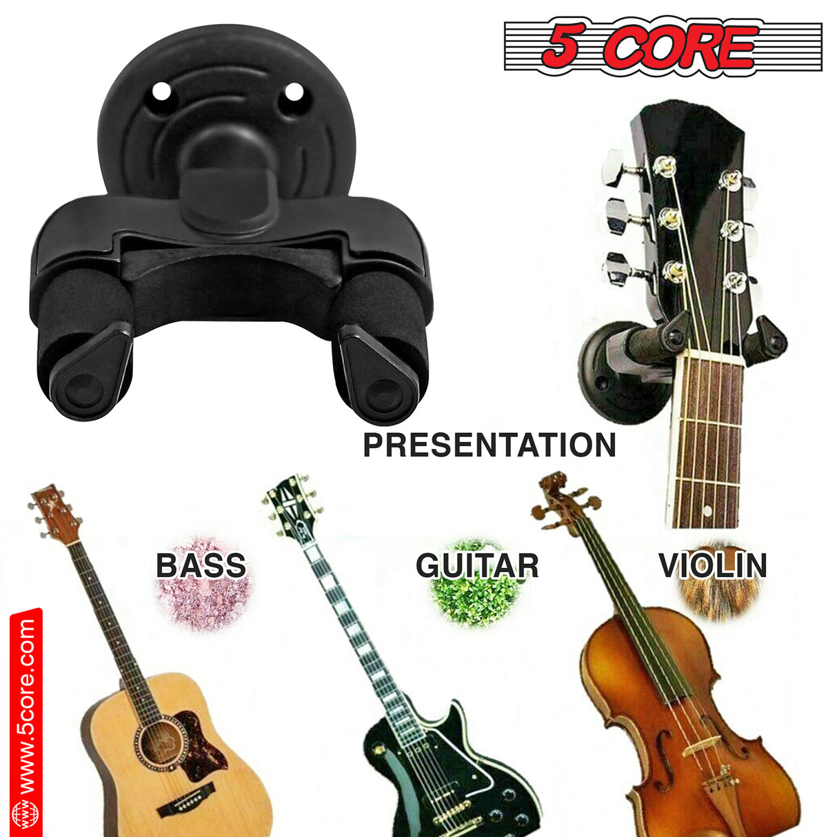 5Core Guitar Wall Mount Hanger Hook Metal Base Soft Padding Adjustable Rotatable Holder