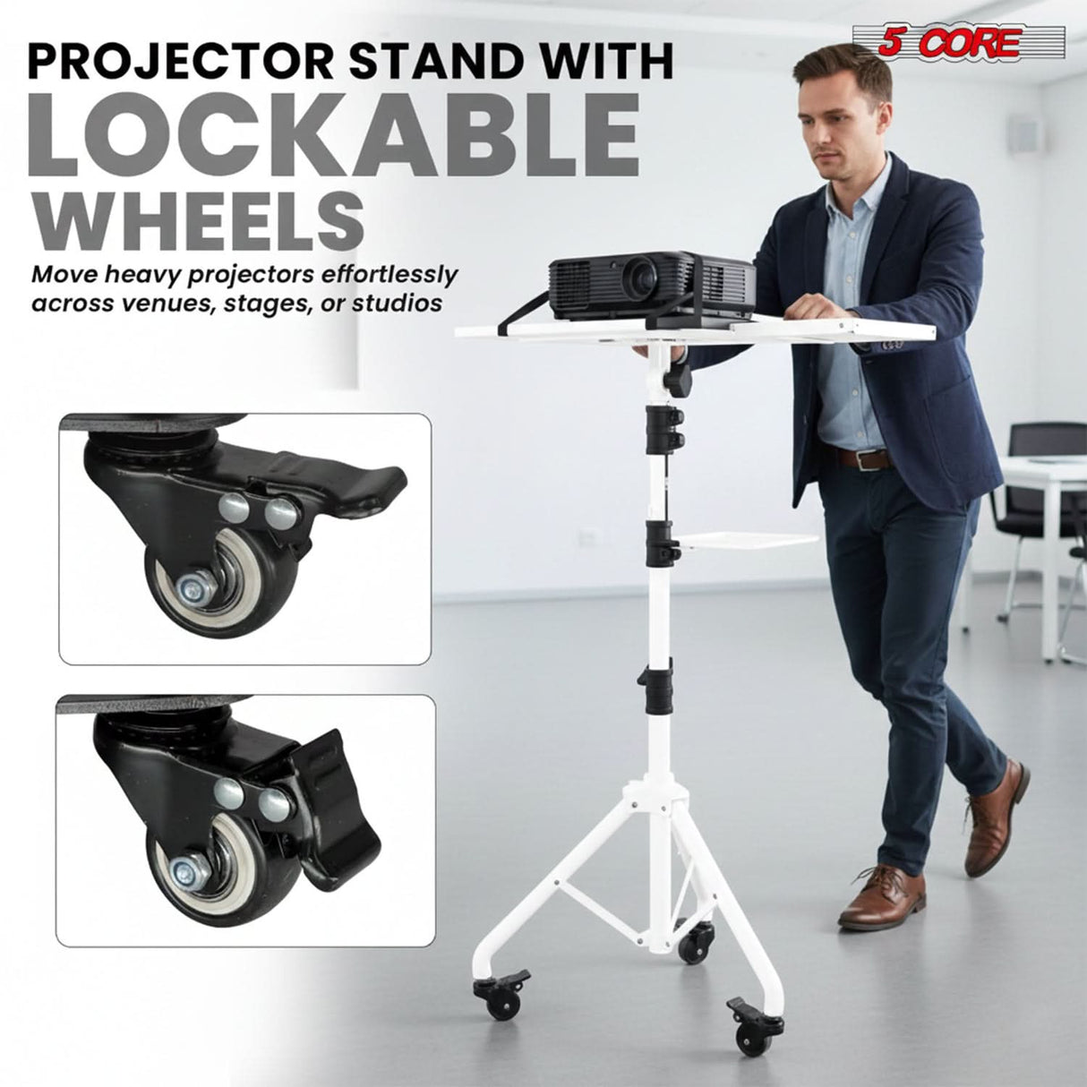 Projector Stand 29.5 to 71 Inch Adjustable Tripod 2 Shelves Portable Laptop Cart w Phone Holder