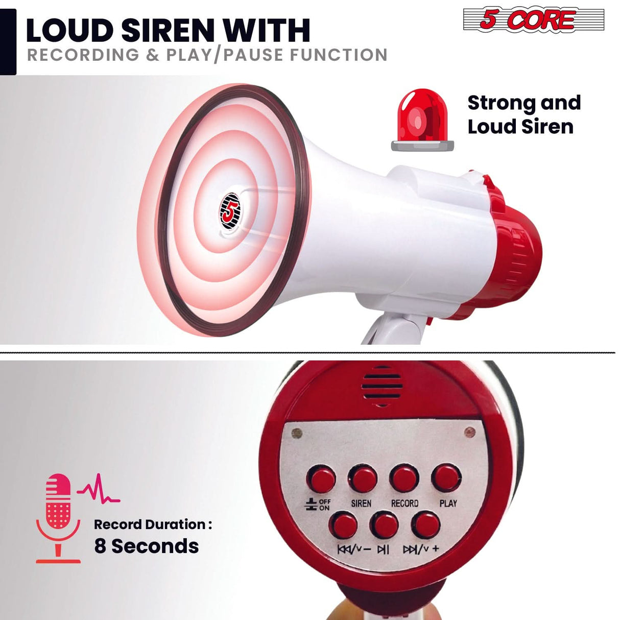 5 Core Megaphone 30W Bull Horn PA Speaker w 800 Yards Range Loud Siren Voice Amp