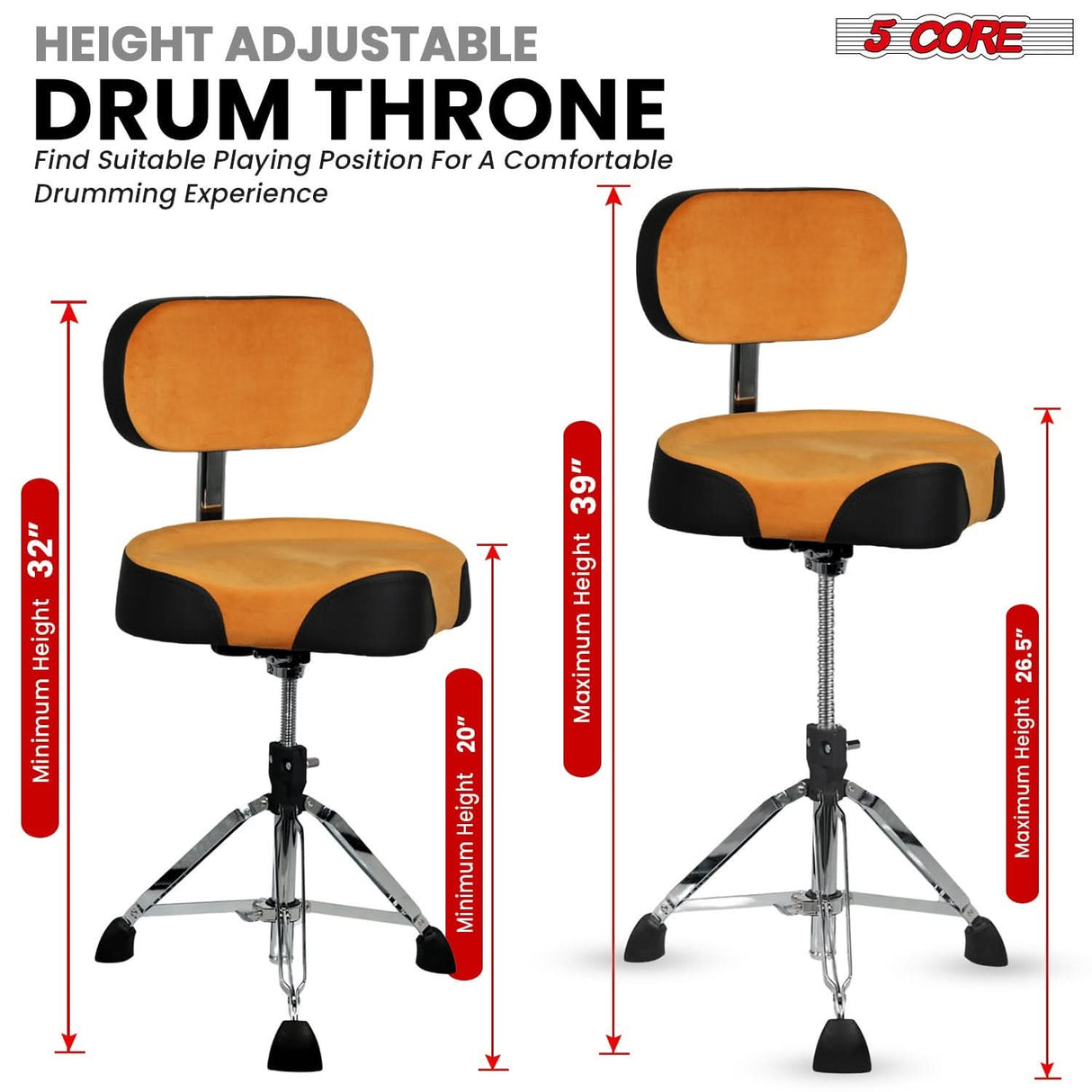 5 Core Drum Throne w Backrest 4" Padded Adjustable 26.5" Drummer Stool w Velvet Top 441Lb Capacity