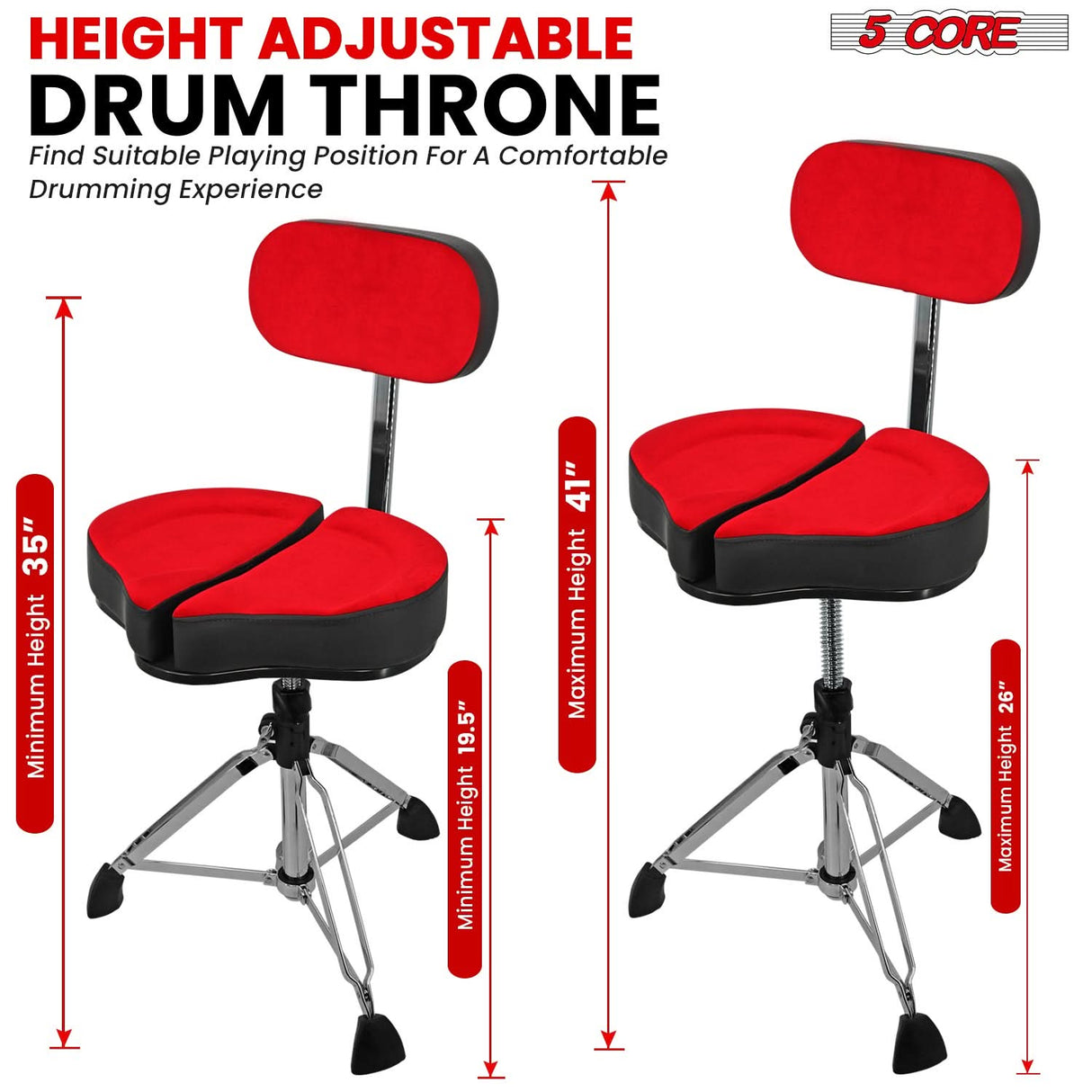 5 Core Drum Throne 5" Padded Split Spine Support 4 Legged 441Lb Capacity Stool w Backrest