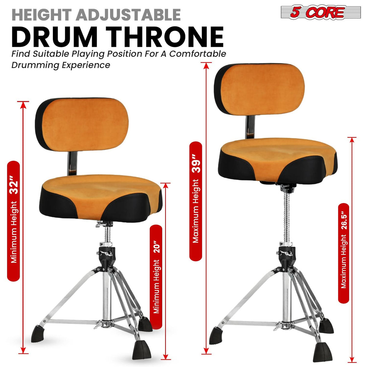 5 Core Drum Throne w Backrest 4" Padded Adjustable 26.5" Drummer Stool w Velvet Top 441Lb Capacity