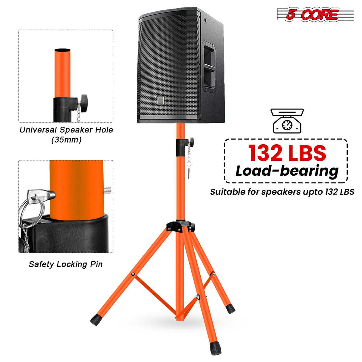 5 Core Speaker Stand Adjustable 31 to 54" PA DJ Tripod Stands Heavy Duty w 35mm Insert 132 Lbs