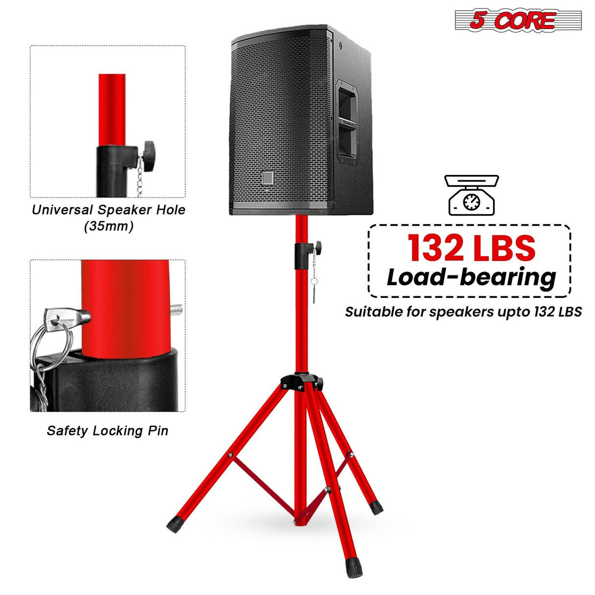 5 Core Speaker Stand Adjustable 31 to 36" PA DJ Tripod Stands Heavy Duty w 35mm Insert 132 Lbs