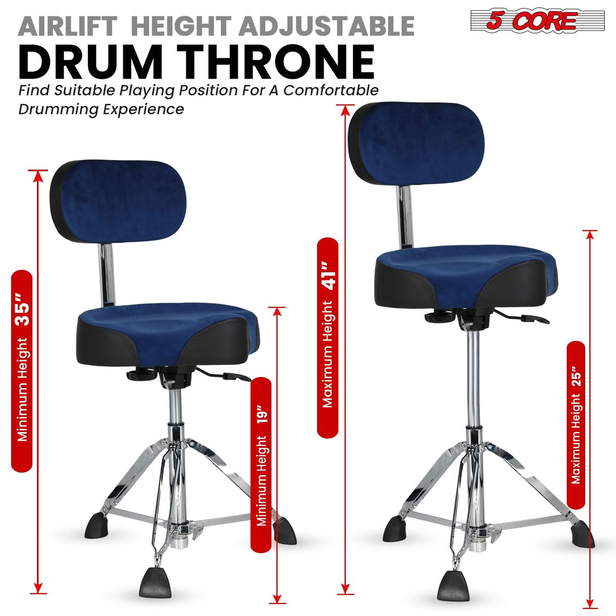 5 Core Drum Throne w Backrest 4" Padded Stool Airlift 25" Adjustable Drummer Stool 441Lb Capacity