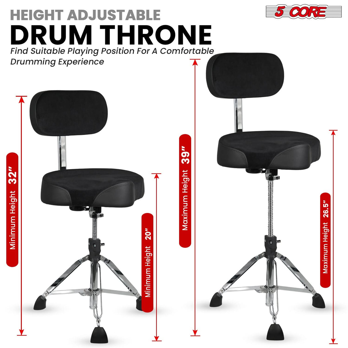5 Core Drum Throne w Backrest 4" Padded Adjustable 26.5" Drummer Chair w Velvet Top 441Lb Capacity