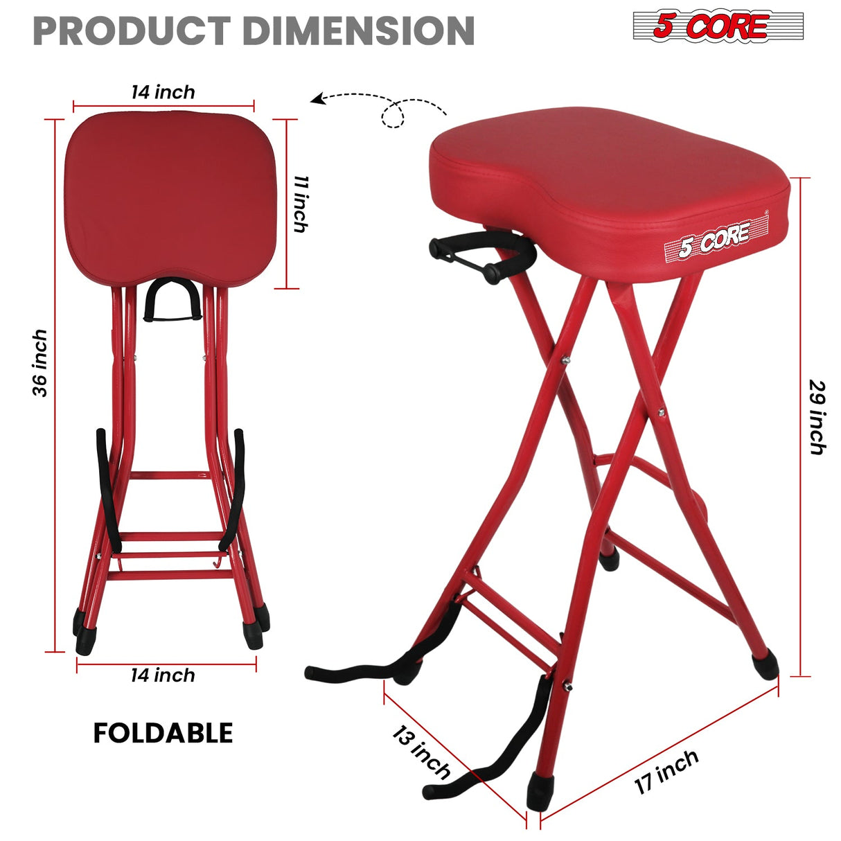 5 Core Guitar Stool 3.15" Padded Chair Foldable Music Seat w Built in Foot Rest Guitar Stand