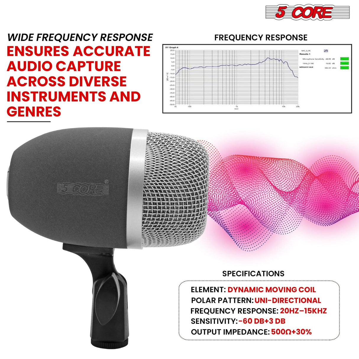 5 Core Kick Drum Microphone Cardioid Dynamic Bass Mic Swivel Adjustable Durable Steel Mesh Grille