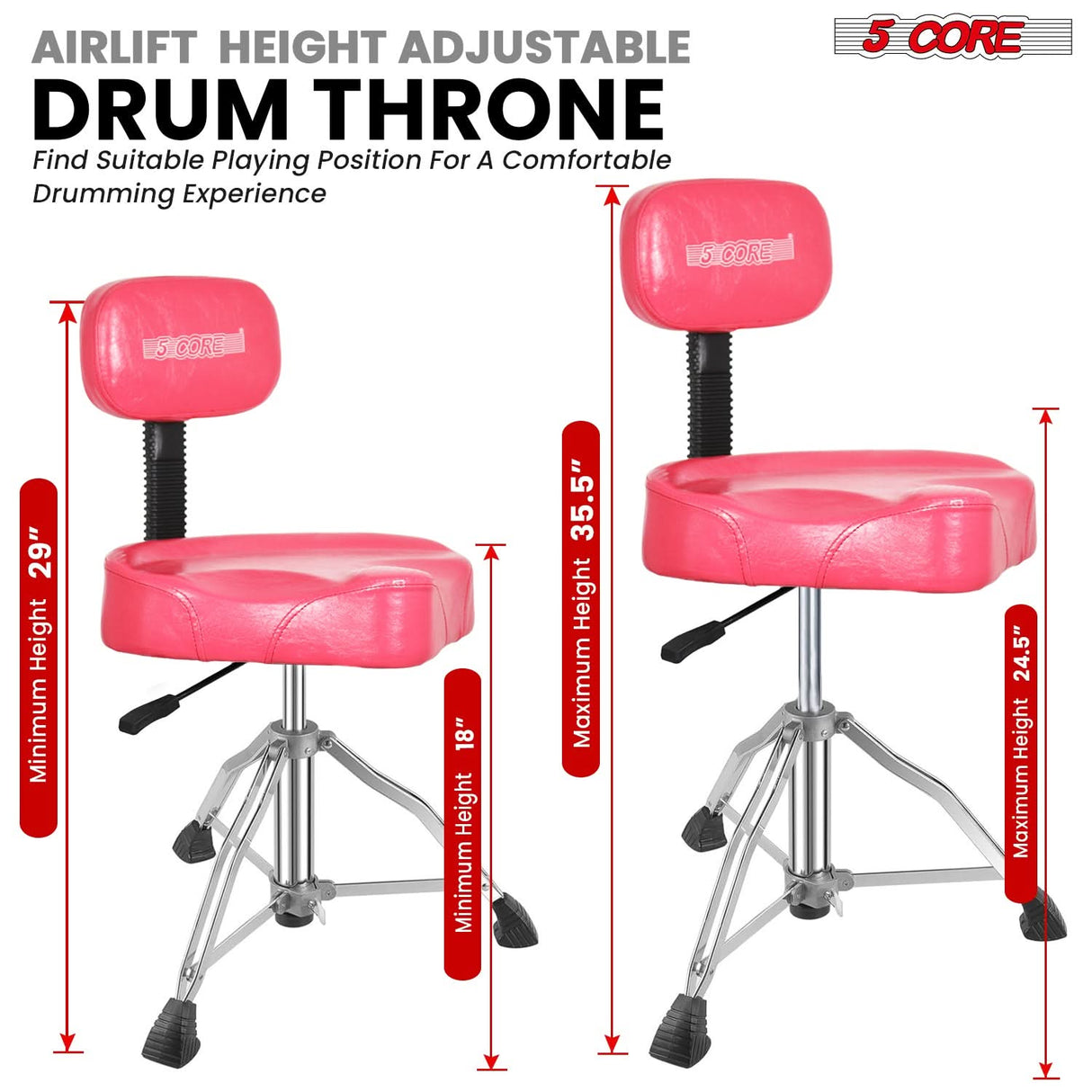 5 Core Drum Throne w Backrest 4" Padded Stool Adjustable 24.5" Drummer Chair w 441Lb Capacity