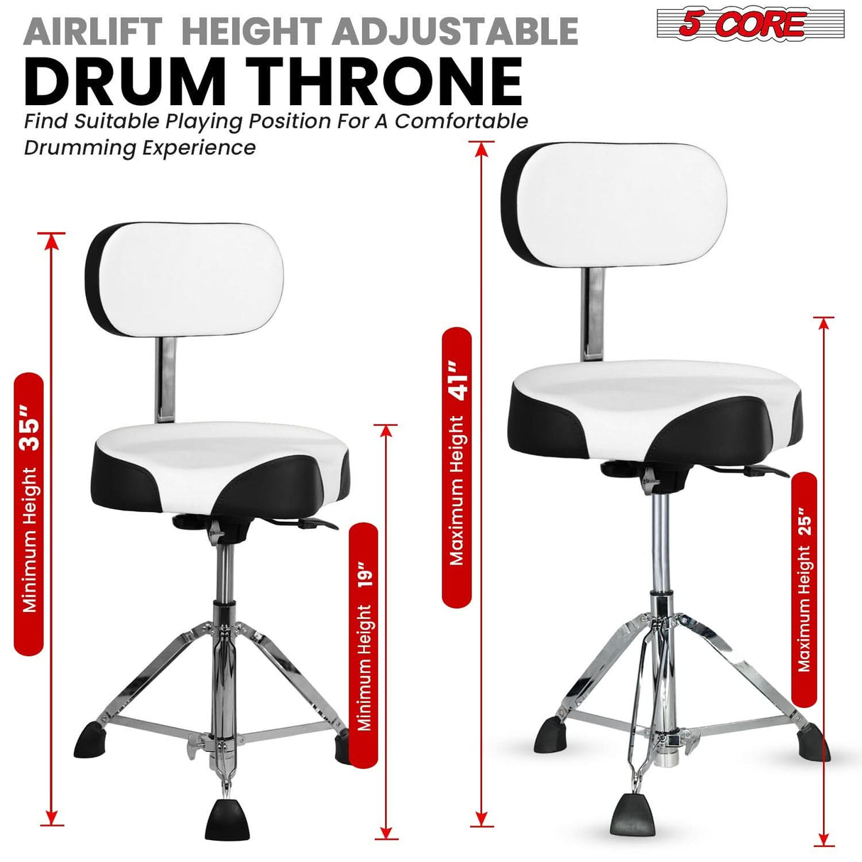 5 Core Drum Throne w Backrest 4" Padded Stool Airlift 25" Adjustable Drummer Stool 441Lb Capacity