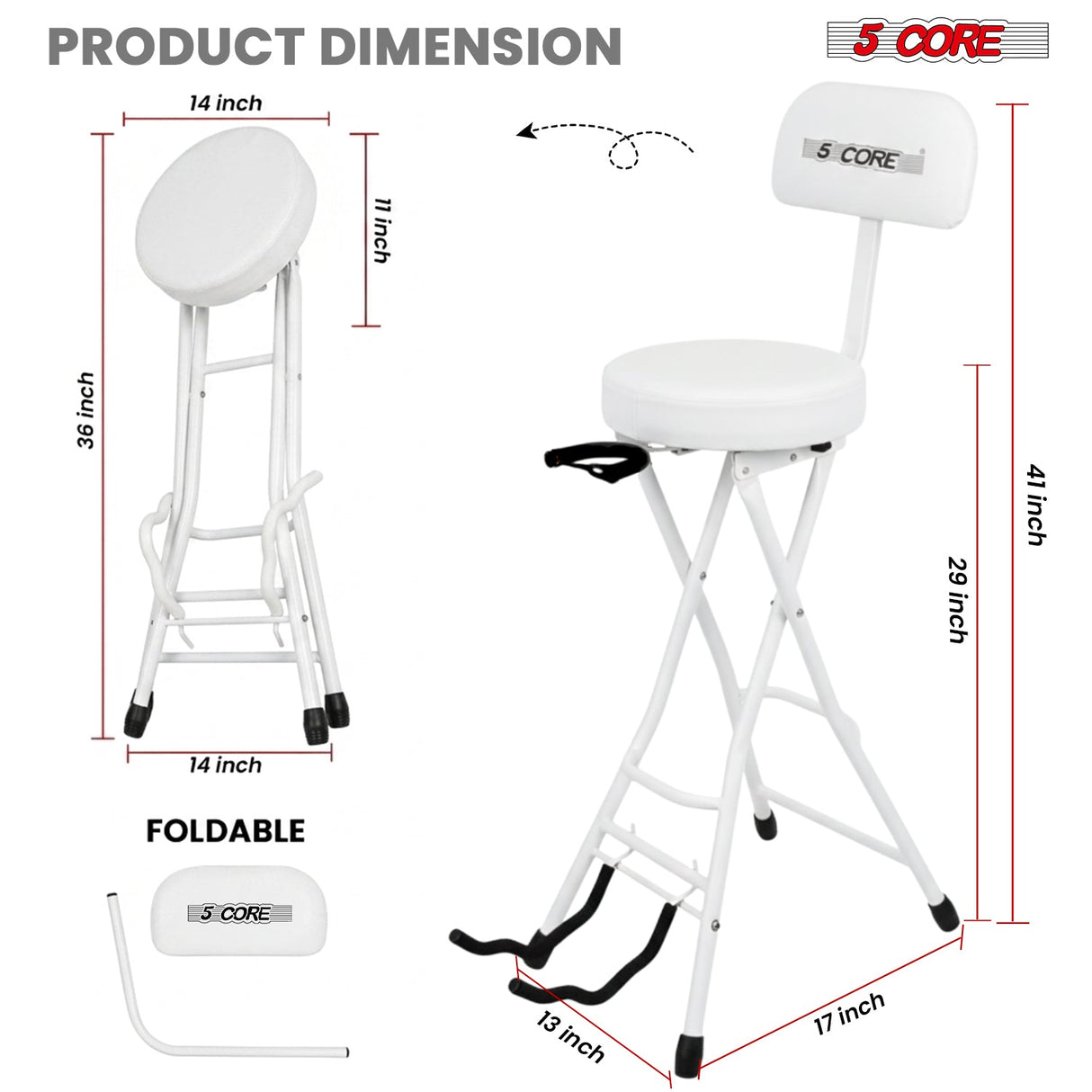 5 Core Guitar Stool w Backrest 3.15" Padded Chair Foldable Music Seat Built in Foot Rest Guitar Stand