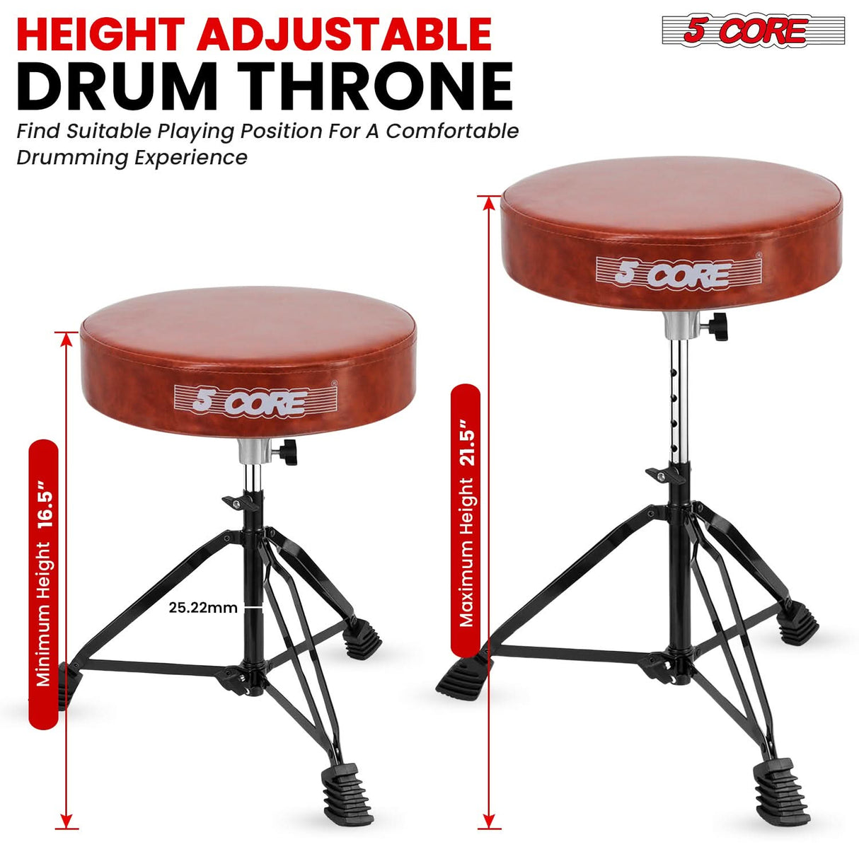 5 Core Drum Throne 3" Padded Drum Seat Height Adjustable Drumming Chair for Practice and Performance