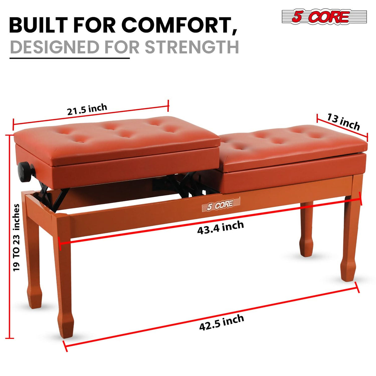5 Core Duet Piano Bench 3.5 Inch Padded Cushioned Stool Wooden Heavy Duty Musician Chair w Storage