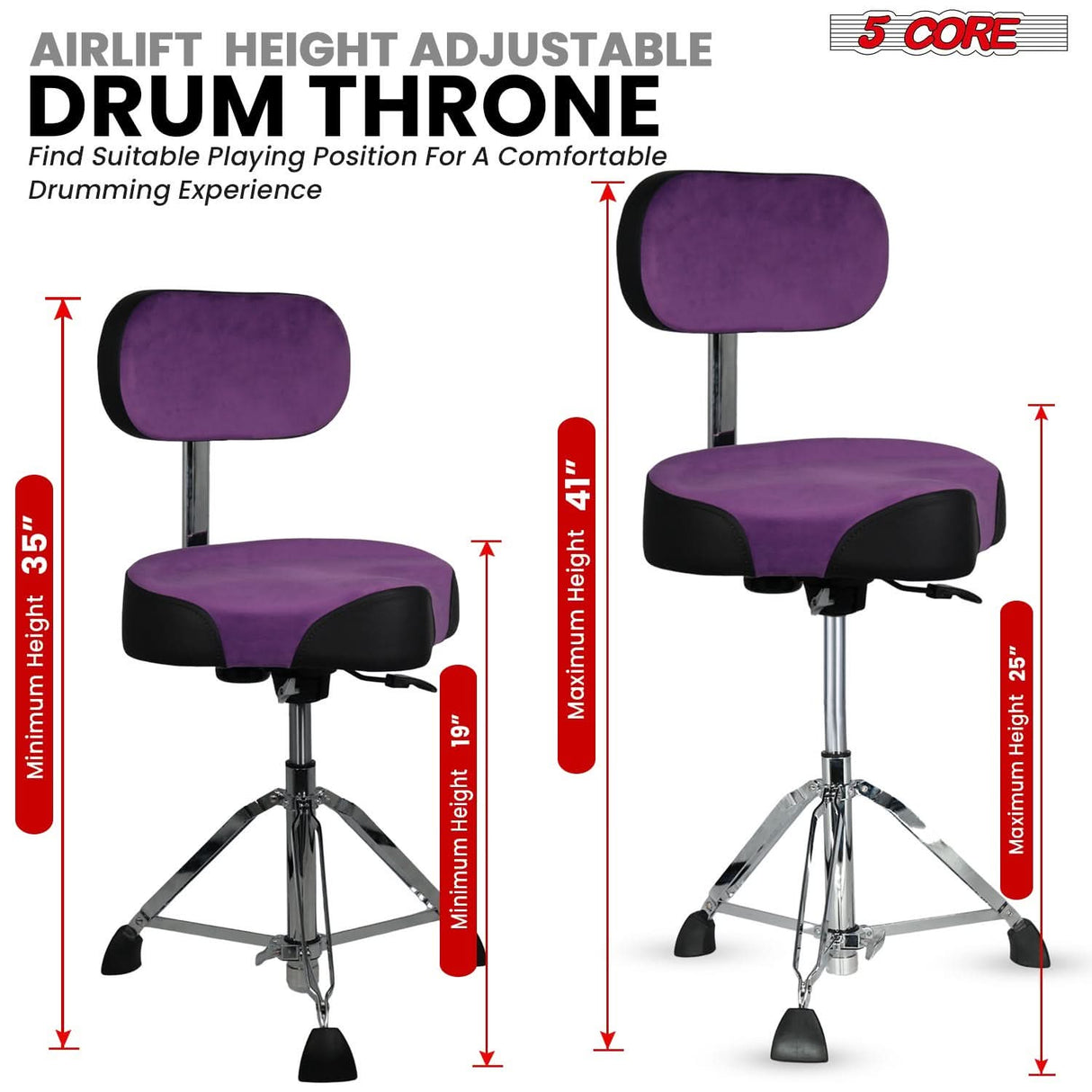 5 Core Drum Throne w Backrest 4" Padded Stool Airlift 25" Adjustable Drummer Stool 441Lb Capacity