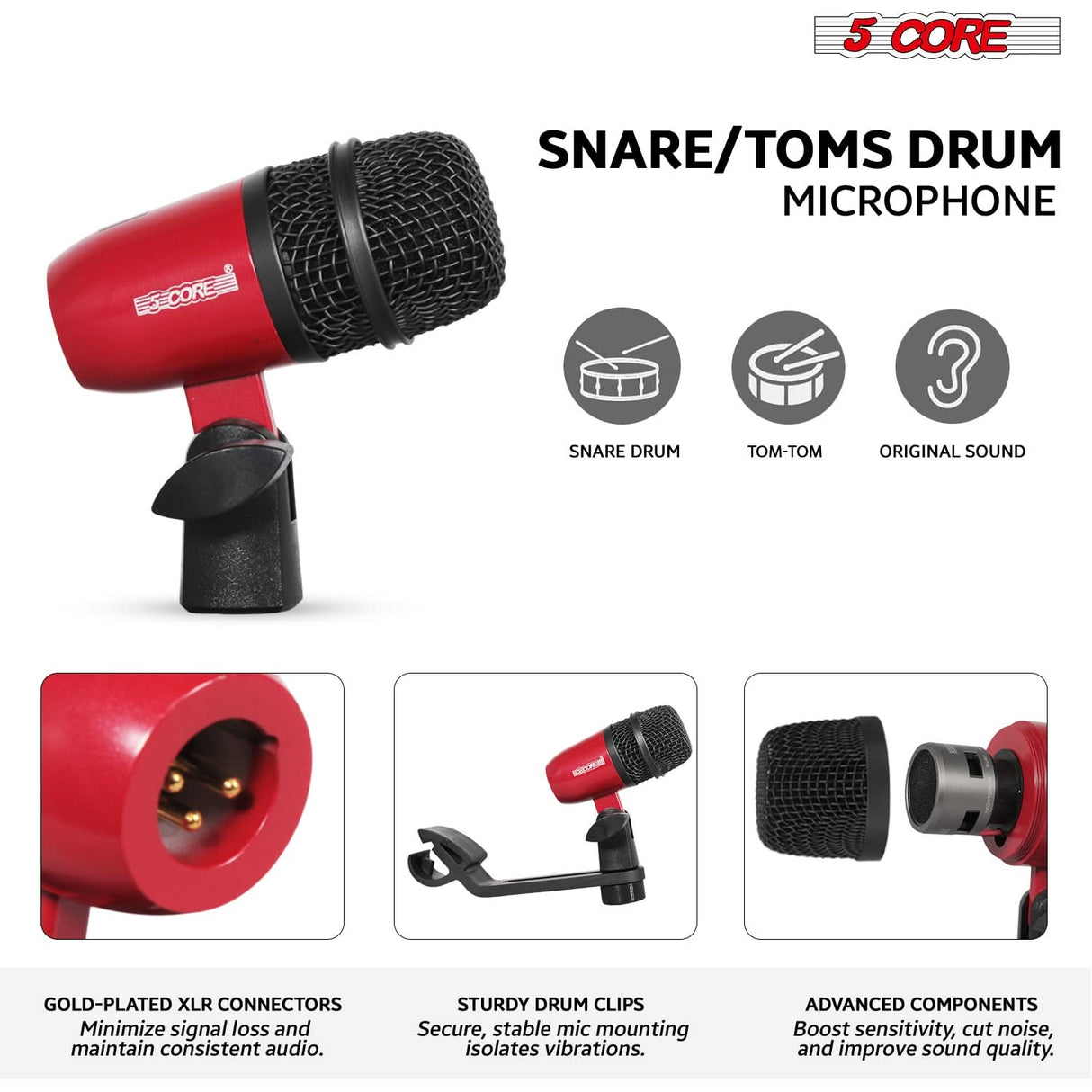 5 Core Drum Microphone Kit 7 Piece All Metal Drummer Instrument Mics Tom/Snare & Cymbals Set