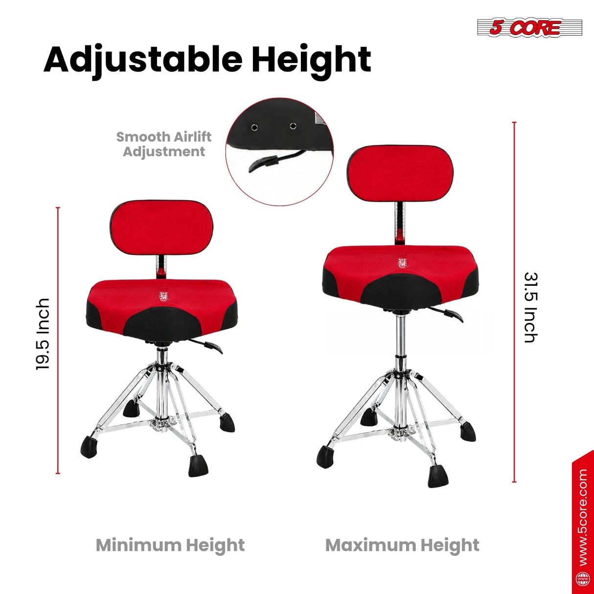 5 Core Drum Throne w Backrest 4" Padded Stool Airlift Adjustable Drummer Chair
