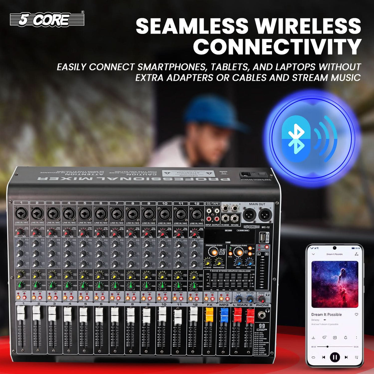 5 Core Audio Mixer 12 Channel DJ Soundboard USB Interface Bluetooth Mixing Console w 99 DSP Effect