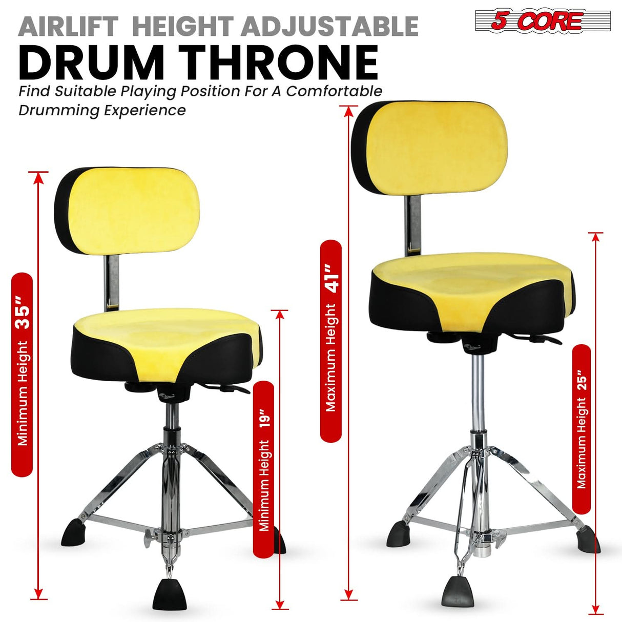 5 Core Drum Throne w Backrest 4" Padded Stool Airlift 25" Adjustable Drummer Stool 441Lb Capacity