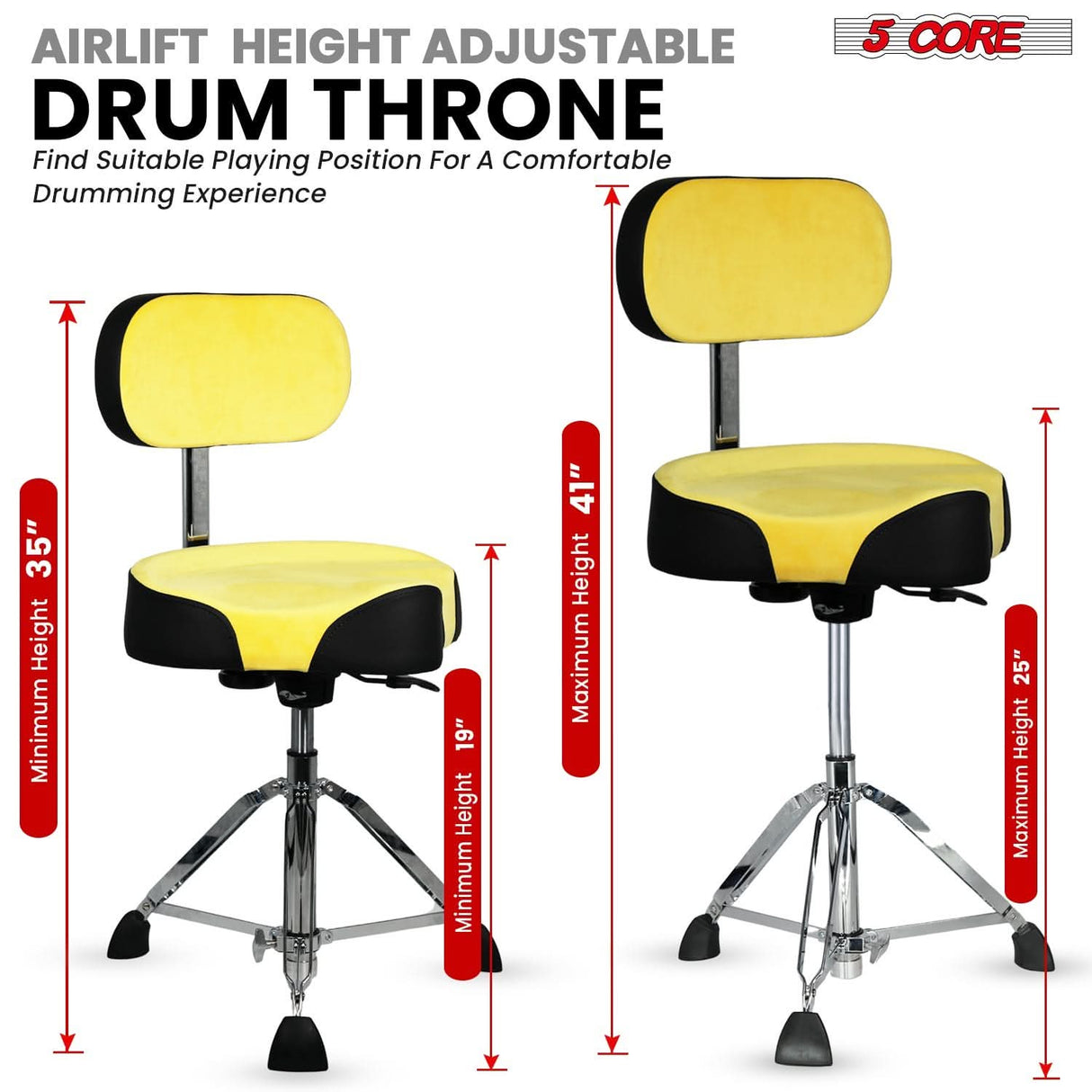 5 Core Drum Throne w Backrest 4" Padded Stool Airlift 25" Adjustable Drummer Stool 441Lb Capacity